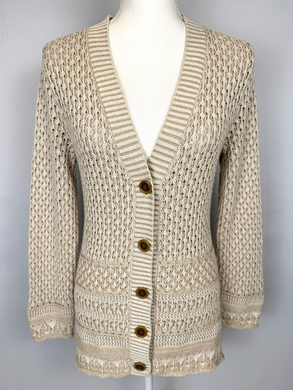 Eddie Bauer Crochet Open Knit V-Neck Cardigan Beige Button Up Slim Fit M Boho